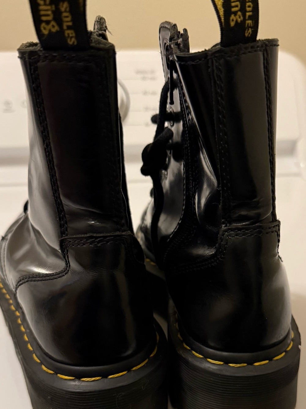 Dr. Martens Black Leather Womens Lace-Up Boots with Yellow Stitching